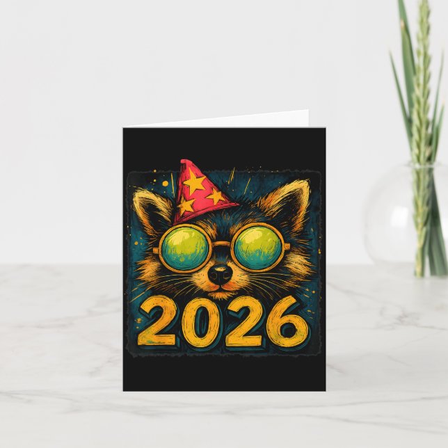 Cartão Guaxinim Engraçado Festa de Ano Novo 2026 Animal C (Frente)