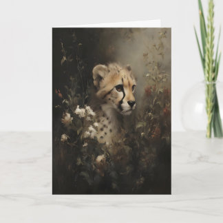 Cartão Guepardo em Flores Silvestres Pintura a Óleo Vinta