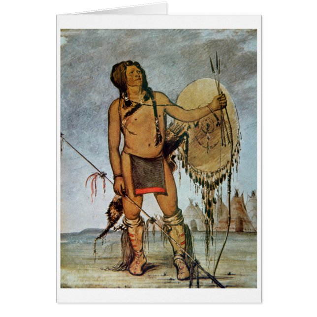 Cartão Guerreiro do Comanche com um protetor, uma lança e (Frente)