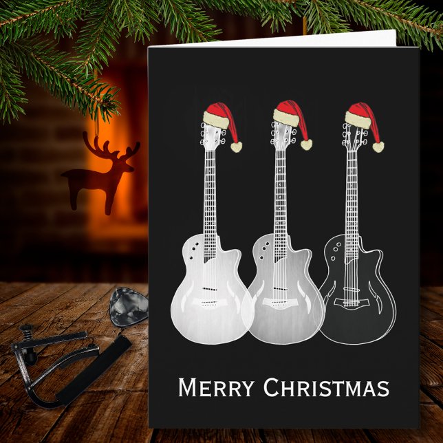 Cartão Guitarra de Natal Simples Preto e Branco (Christmas guitars wearing Santa hats cool black and white music merry christmas greetings card)