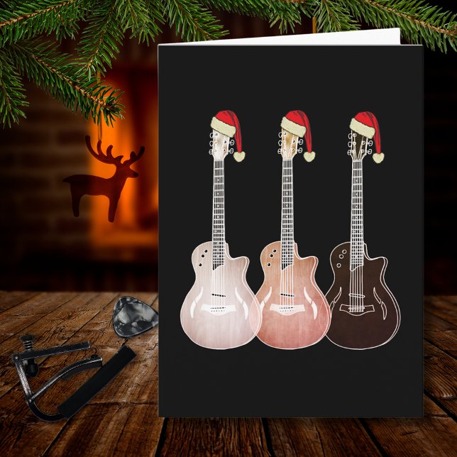 Cartão Guitarras Elétricas Vintage Retro Festivo (Simple rustic guitars wearing Santa hats music themed Christmas holiday greetings card)