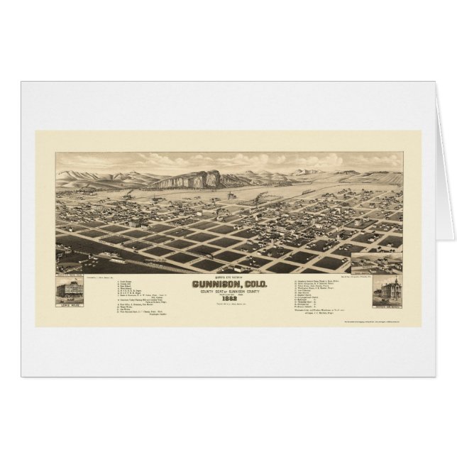 Cartão Gunnison, mapa panorâmico do CO - 1882 (Frente Horizontal)