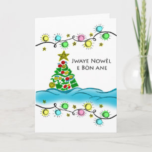 Cartão Haitian Creole Christmas, Colorful Tree and Lights