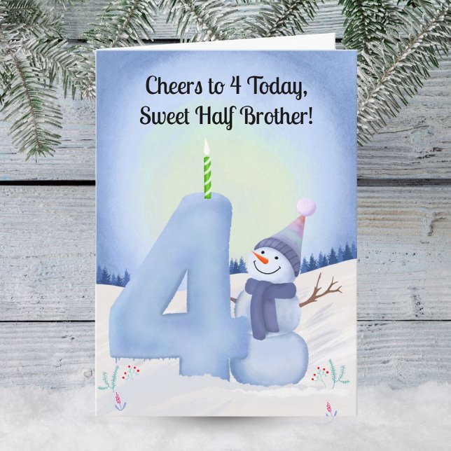 Cartão Half Brother 4th Birthday Snowman with Snowy Four (Criador carregado)