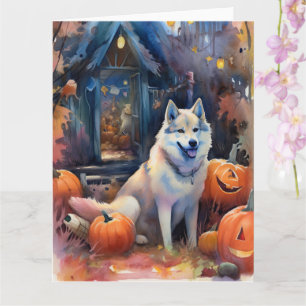 Cartão Halloween Alaskan Malamute Com Pumpkins Assustado