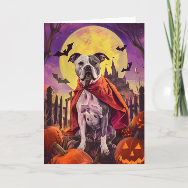 Cartão Halloween American Staffordshire Pumpkins Scary (Frente)
