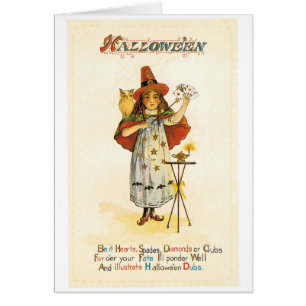 Cartão Halloween antigo, Bruxa com Coruja
