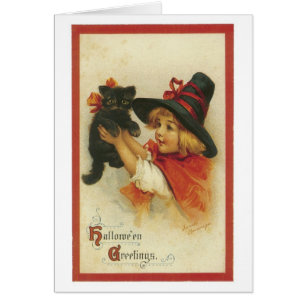 Cartão Halloween antigo, bruxa com gato preto