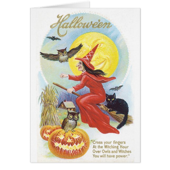 Cartão Halloween antigo, Bruxa e Coruja (Frente)