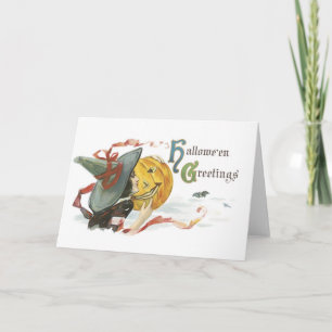 Cartão Halloween antigo, Bruxa e Jack-o-lanterna