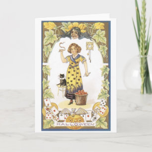 Cartão Halloween antigo, Garota com gato preto