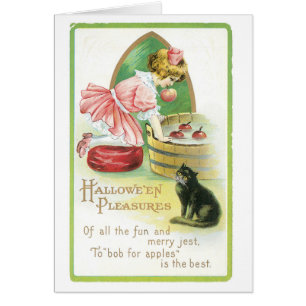 Cartão Halloween antigo, Garota e Gato Negro