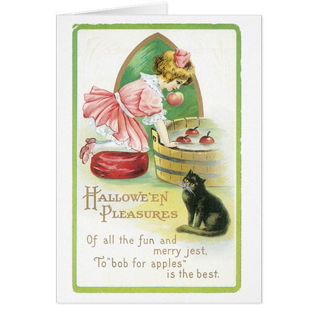 Cartão Halloween antigo, Garota e Gato Negro (Frente)