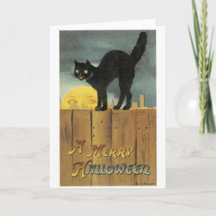 Cartão Halloween antigo, gato preto e lua de Cheio