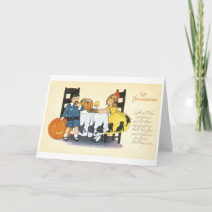 Cartão Halloween antigo, Menino e Rapariga