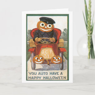 Cartão Halloween antigo, motorista de abóbora