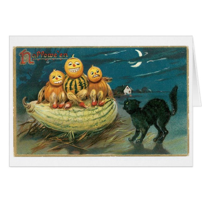 Cartão Halloween antigo, Pumpkins e gato preto (Frente Horizontal)