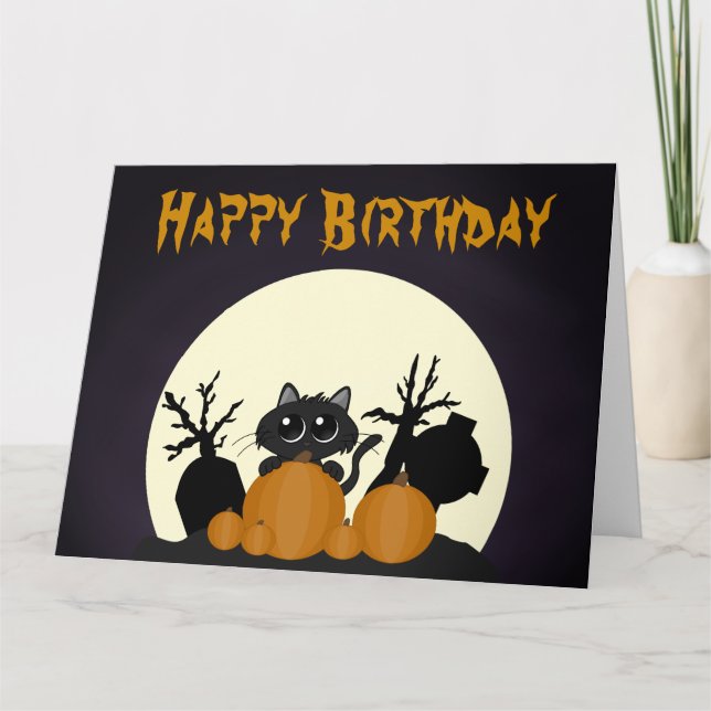 Cartão Halloween Birthday Black Cat Pumpkins Graveyard (Frente)