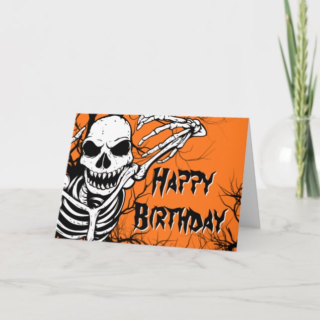Cartão Halloween Birthday Skeleton Spooky Orange Black (Frente)