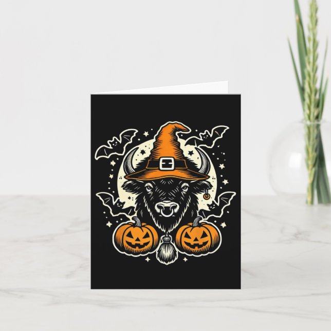 Cartão Halloween Bison Spooky Witch Hat E Pumpkins Art (Frente)