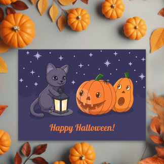 Cartão Halloween Black Cat, Pumpkins, Lantern on Purple