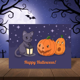 Cartão Halloween Black Cat, Pumpkins, Lantern on Purple