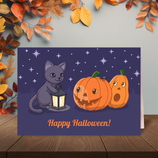 Cartão Halloween Black Cat Pumpkins Lantern Purple