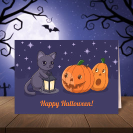 Cartão Halloween Black Cat Pumpkins Lantern Purple