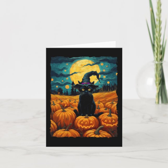 Cartão Halloween Black Cat Van Gogh Witch Kawaii Pumpkin (Frente)
