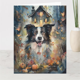 Cartão Halloween Border Collie Com Pumpkins Assustado