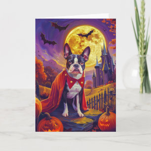 Cartão Halloween Boston Terrier Cachorro Abóboras Assusta