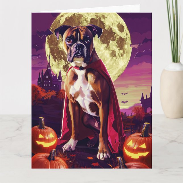 Cartão Halloween Boxer Dog Vampire Pumpkins assustado (Frente)