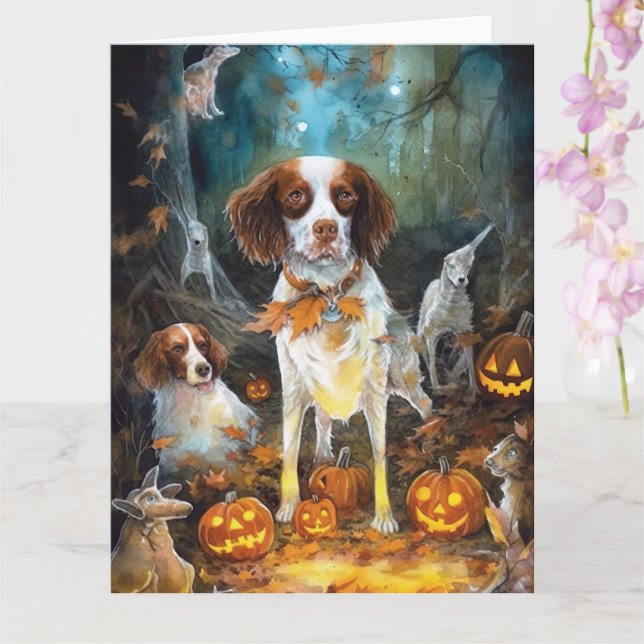 Cartão Halloween Brittany Spaniel Com Abóboras Assustador (Orquídea)