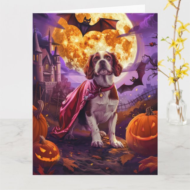 Cartão Halloween Brittany Spaniel Vampiro Abóboras Assust (Flor Amarela)