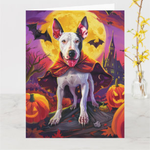 Cartão Halloween Bull Terrier Vampire Pumpkins assustado