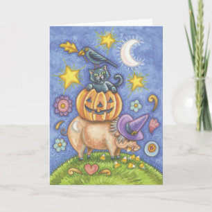 Cartão Halloween Card, Pig, Black Cat, Pumpkin, Crow