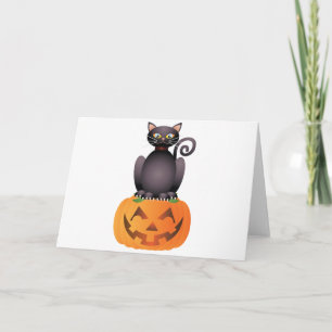 Cartão Halloween Cat Sitting on Pumpkin Illustration