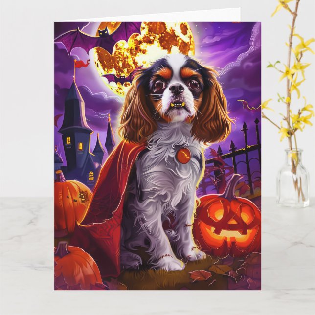 Cartão Halloween Cavalier King Vampire Pumpkins assustado (Flor Amarela)