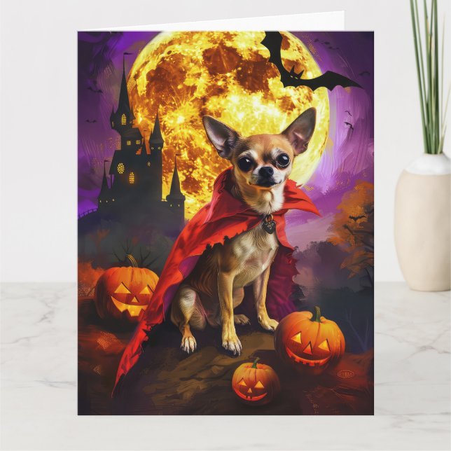 Cartão Halloween Chihuahua Vampire Pumpkins assustado (Frente)