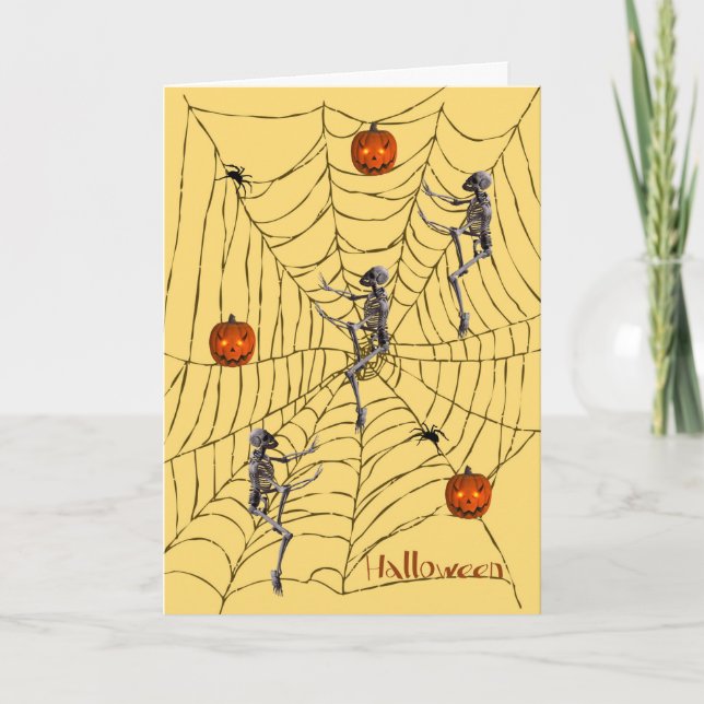 Cartão Halloween com Skeletons, Pumpkins, Aranhas e Web (Frente)