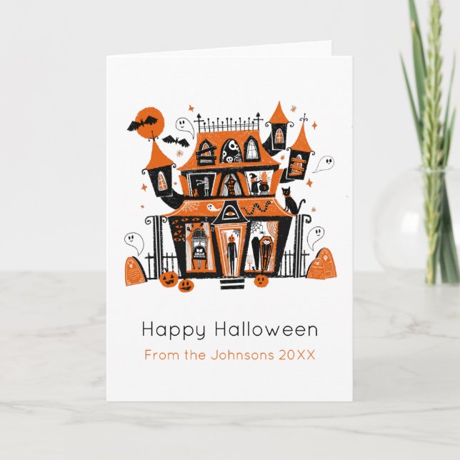 Cartão Halloween da Casa Assombrada ilustrado (Frente)