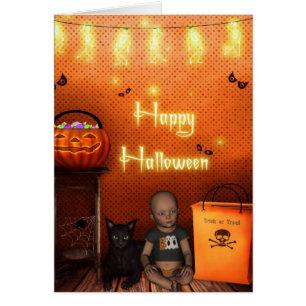 Cartão Halloween de bebê e Gatinho