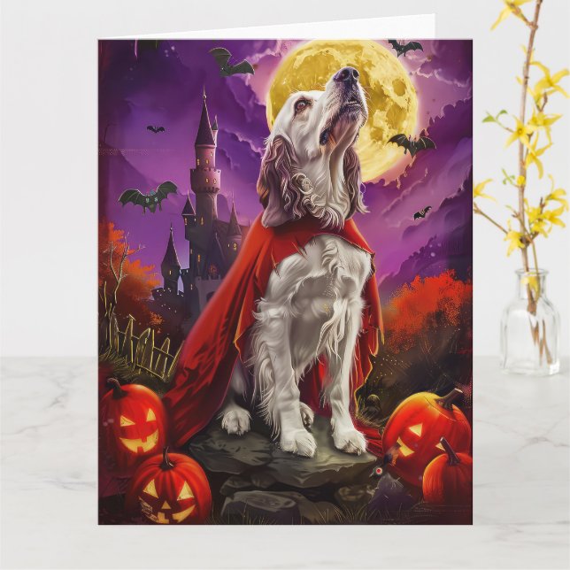 Cartão Halloween English Setter Vampire Pumpkins assustad (Flor Amarela)