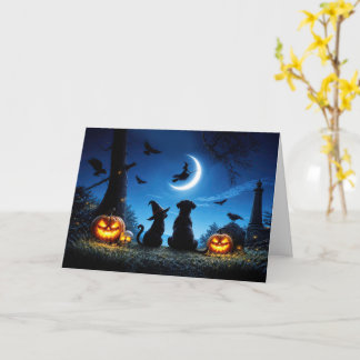 Cartão Halloween Fofo com Bruxa e Gato e Cachorro da Lua 
