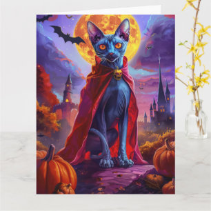 Cartão Halloween Gato Azul Oriental Vampiro Abóboras Assu