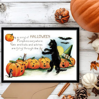 Cartão Halloween Gato Preto & Ratos Caprichoso Vintage