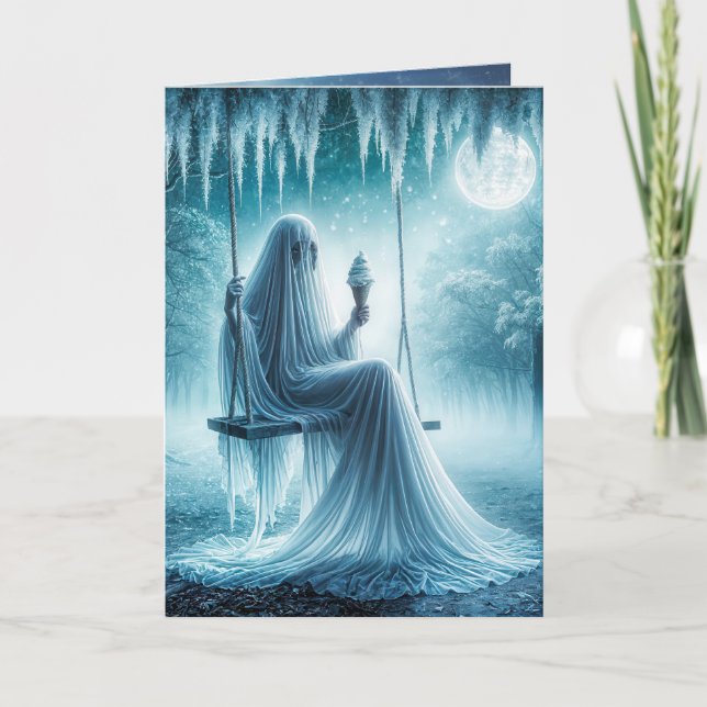 Cartão Halloween Ghost Comendo Um Cone De Sorvete (Frente)