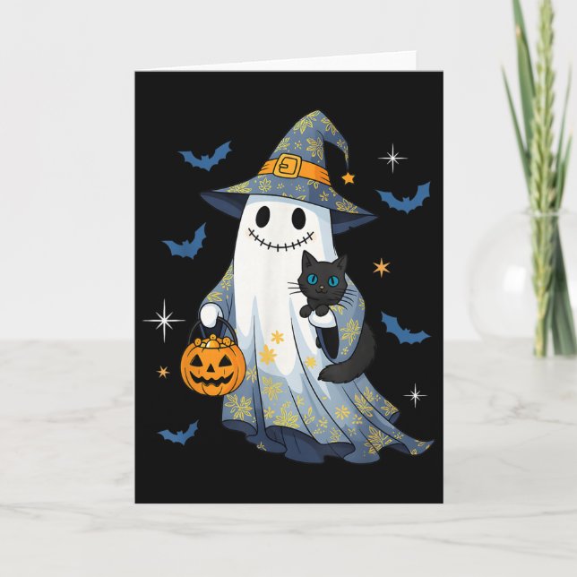 Cartão Halloween Ghost Witch Holding Black Cat Funny Hall (Frente)