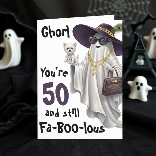 Cartão Halloween Ghost Womens Engraçado Feliz 50º Anivers (Halloween Ghost Womens Funny Happy 50th Birthday Card
)