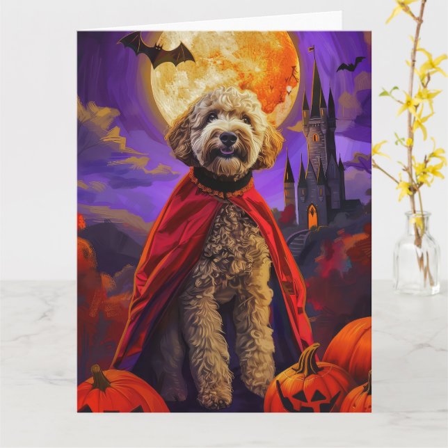 Cartão Halloween Goldendoodle Vampire Pumpkins assustado (Flor Amarela)